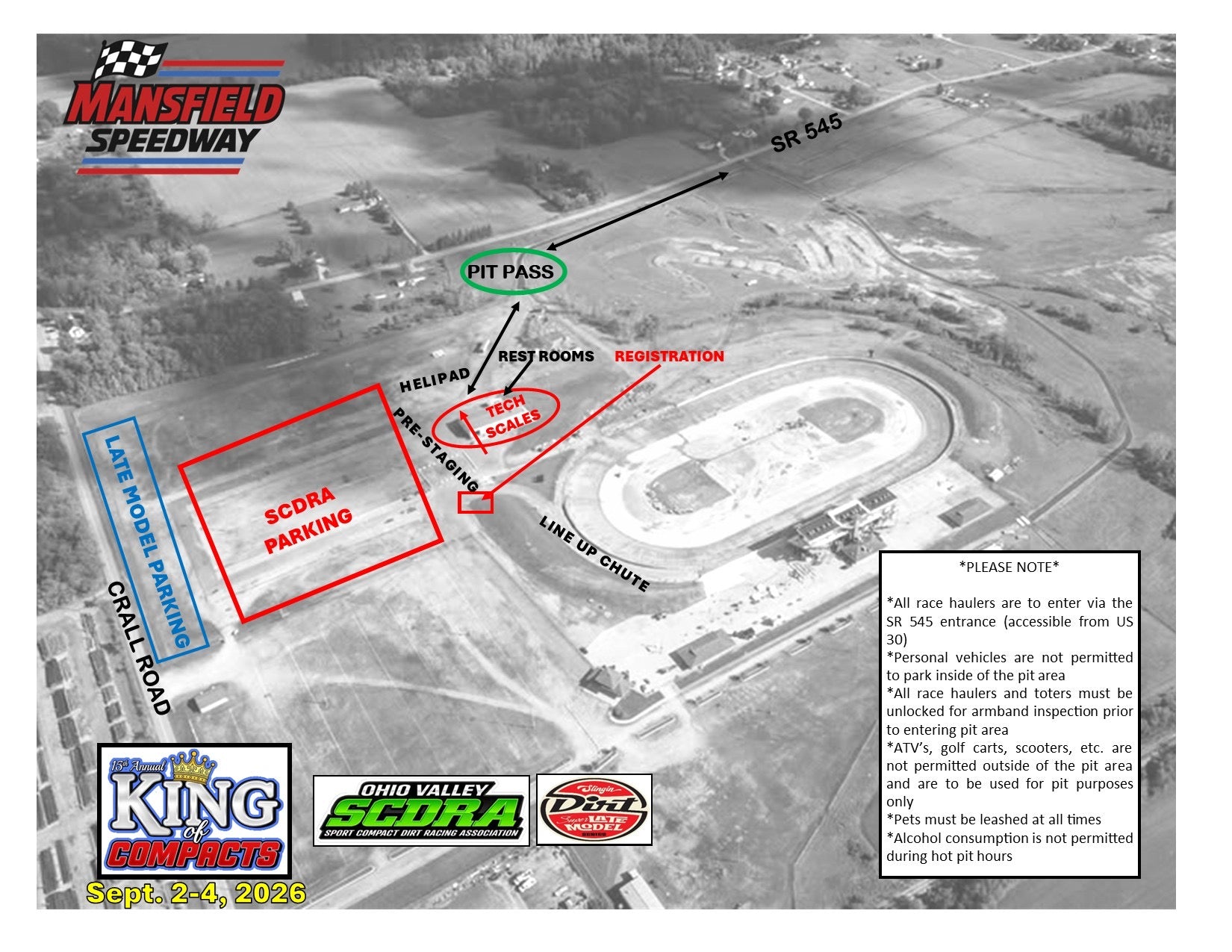 Mansfield Speedway track map showing the SR 545 pit pass entrance, registration, tech and scales, pre-staging, line up chute, SCDRA parking and Late Model parking off Crall Road.
